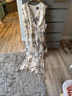 Maison Tara Cream Maxi Dress with Black and Green Floral Print